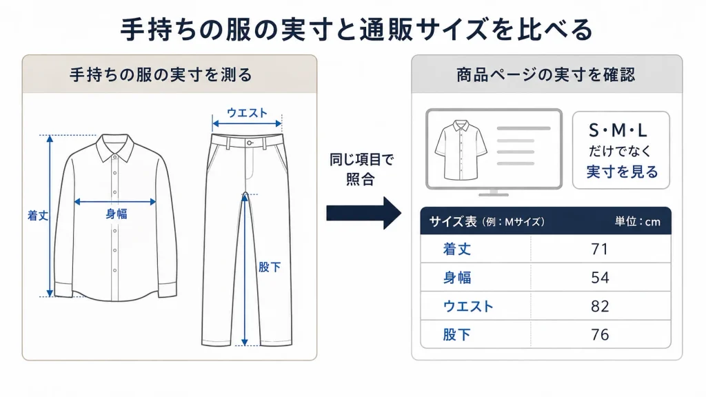 手持ちの服の着丈・身幅・ウエスト・股下を、通販の商品ページの実寸と同じ項目で照合する方法
