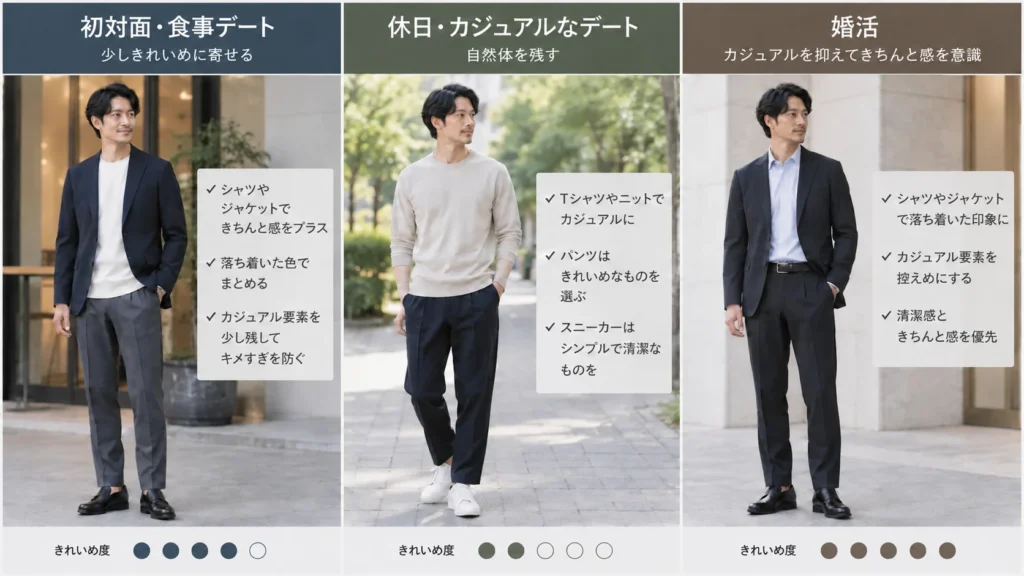 初対面・食事デート、休日のカジュアルなデート、婚活の3シーンに合わせた服装ときれいめ度の比較