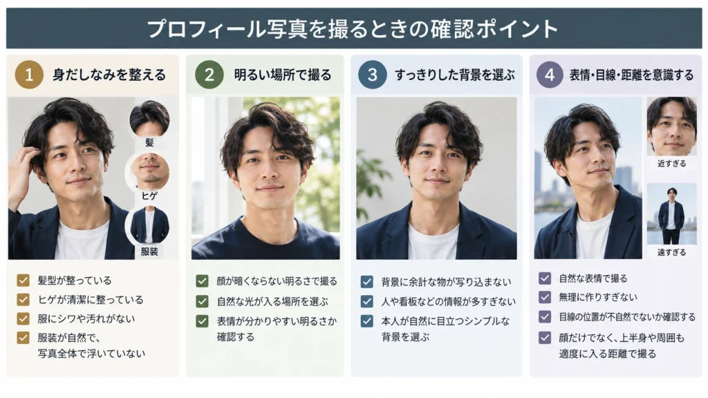 プロフィール写真を撮る際の身だしなみ、明るさ、背景、表情・目線・距離の確認ポイント