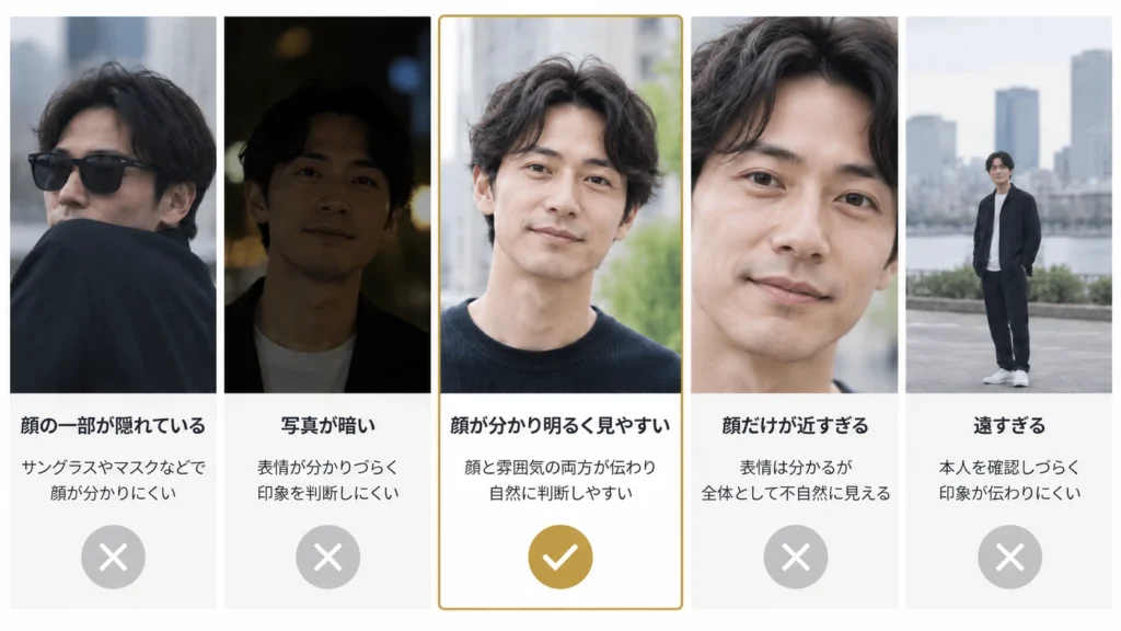 顔が隠れている、暗い、適度に明るく見やすい、近すぎる、遠すぎるプロフィール写真の比較