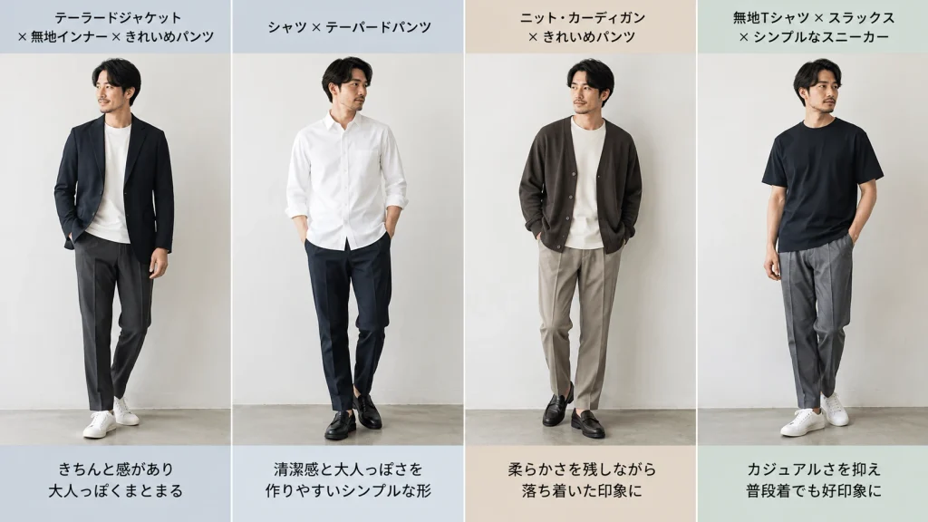 テーラードジャケット、シャツ、カーディガン、無地Tシャツを使った4つのきれいめコーデ比較