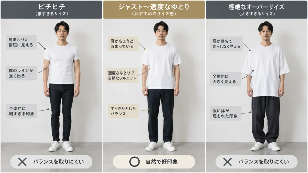 Tシャツのピチピチ・ジャスト〜適度なゆとり・極端なオーバーサイズを並べたサイズ感の比較